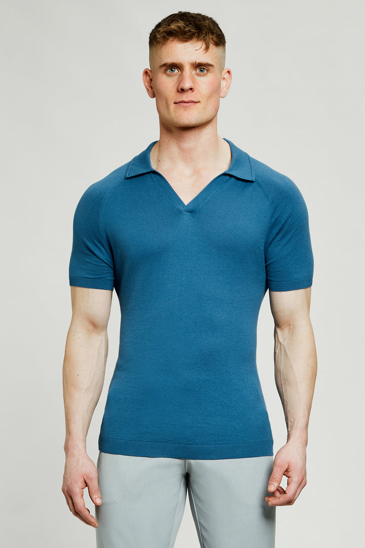 Fine Knit Buttonless Polo Shirt in Teal ...